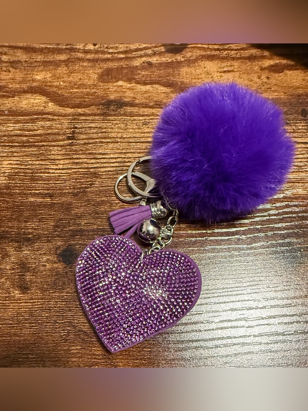 Purple Heart Crystal Pom Keychain